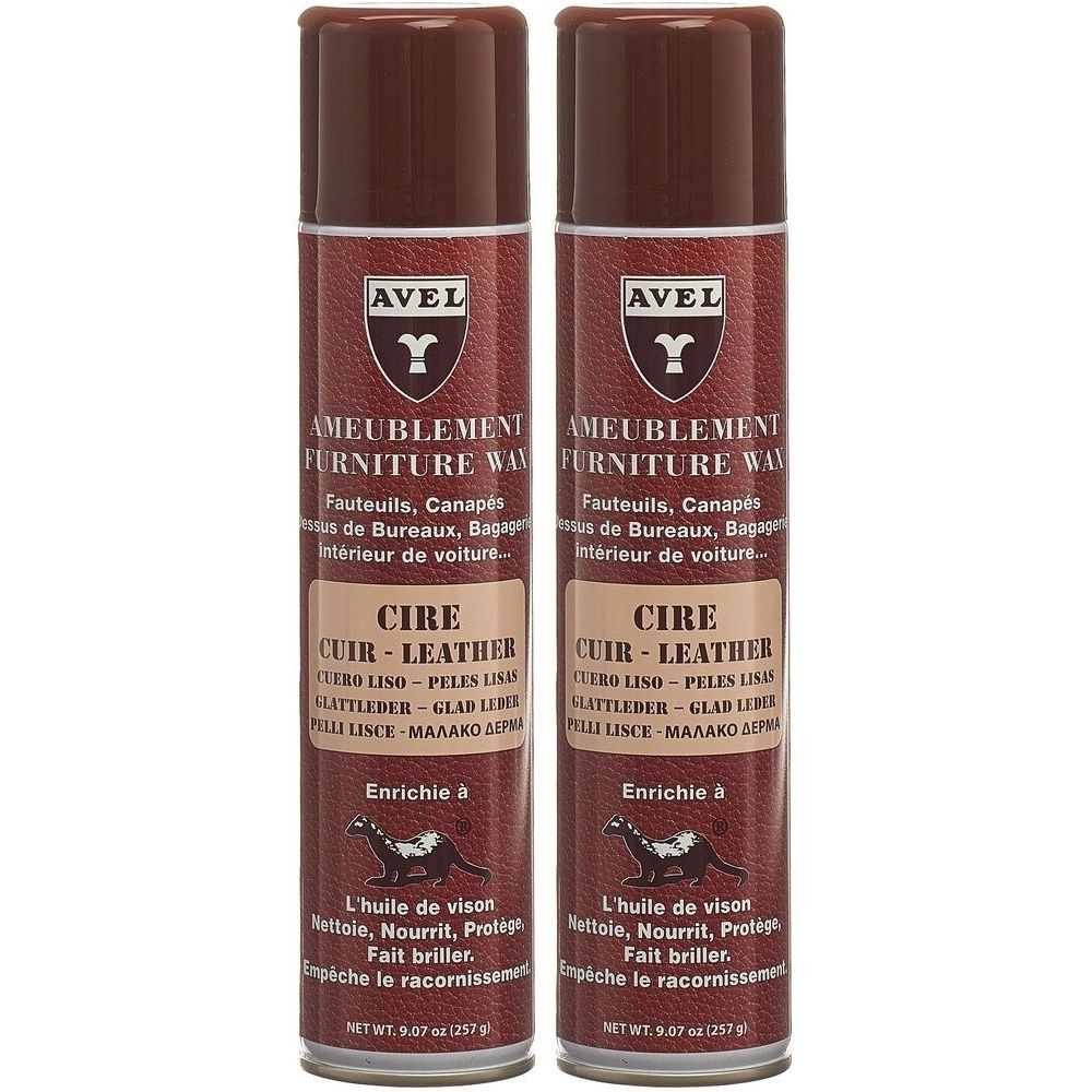 Deux aérosols bruns. Inscription : AVEL, cire pour meubles, entretien du cuir. Contient de l'huile de vison. Pour le cuir.