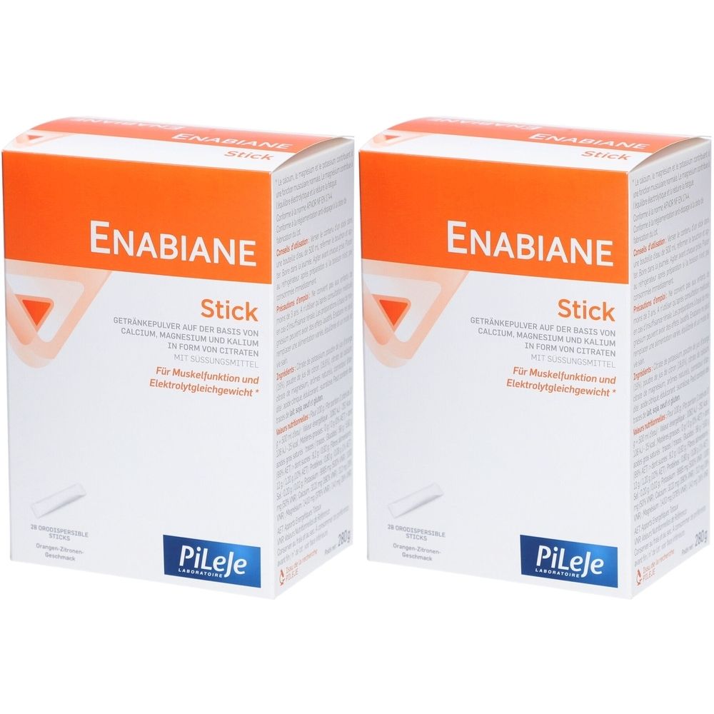 Deux boîtes de "ENABIANE Stick". Texte orange sur fond blanc. Texte en allemand. Marque Pileje.