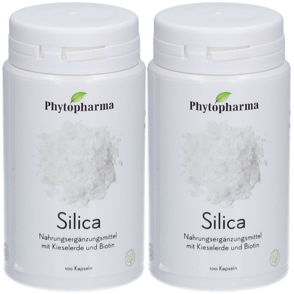 Deux flacons blancs avec le logo Phytopharma. Inscription Silica, complément alimentaire avec silice et biotine. 100 gélules.