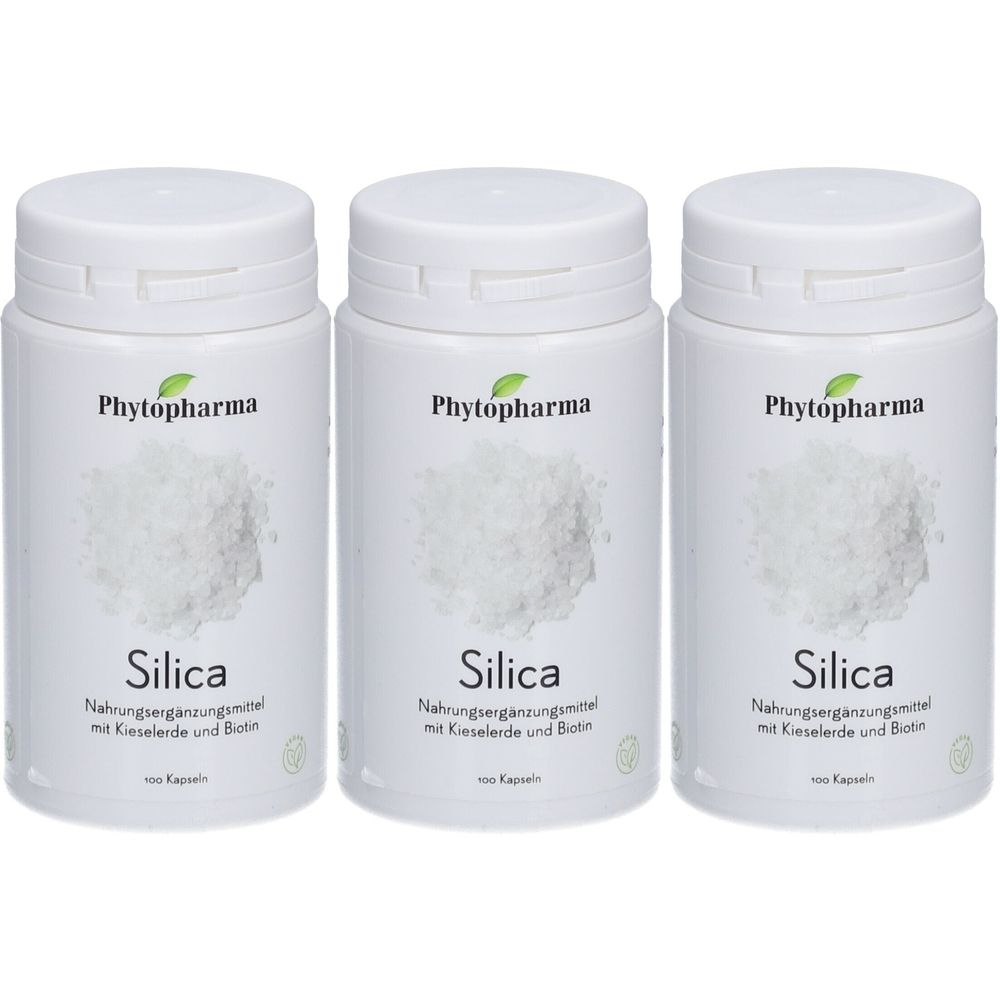 Trois flacons blancs avec l'étiquette "Phytopharma Silica". Inscription : Complément alimentaire avec silice et biotine.