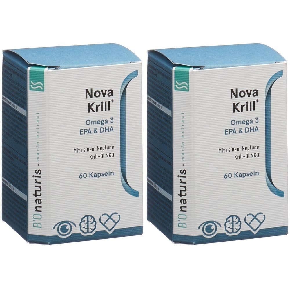 Zwei Schachteln mit NOVA Krill Omega 3 EPA & DHA. Aufschrift: 60 Kapseln. Marke: B'Onaturis.
