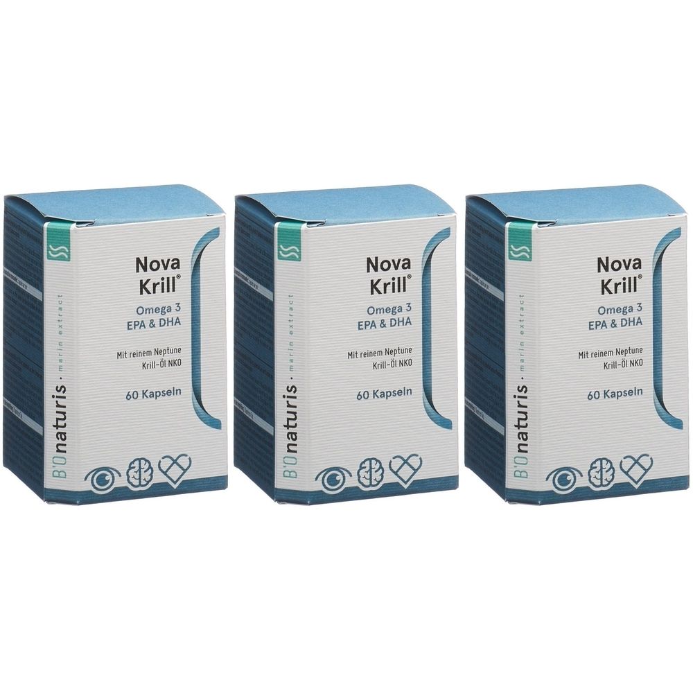 Drei Schachteln NOVA Krill. Aufschrift: Omega 3 EPA & DHA, 60 Kapseln. Marke: Bonaturis.