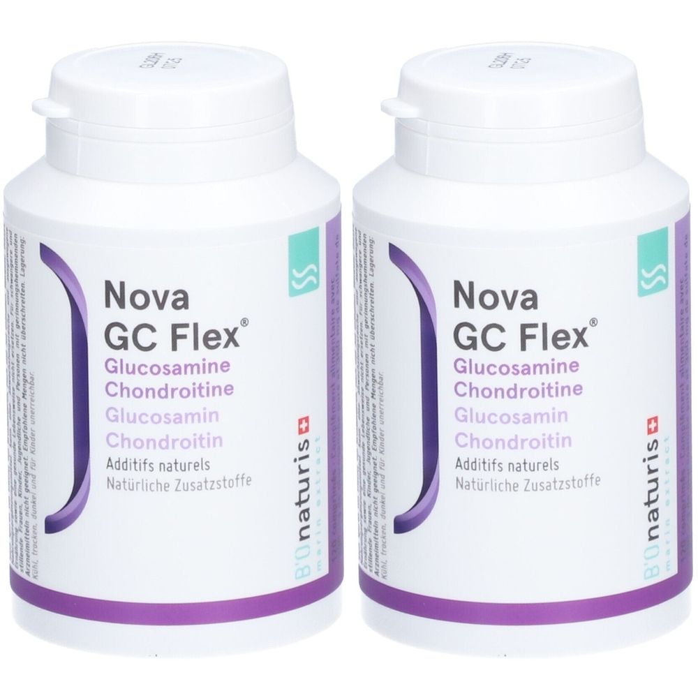 Zwei weiße Flaschen mit Schraubverschluss. Aufschrift: Nova GC Flex, Glucosamin, Chondroitin. Logo: Bonaturis.