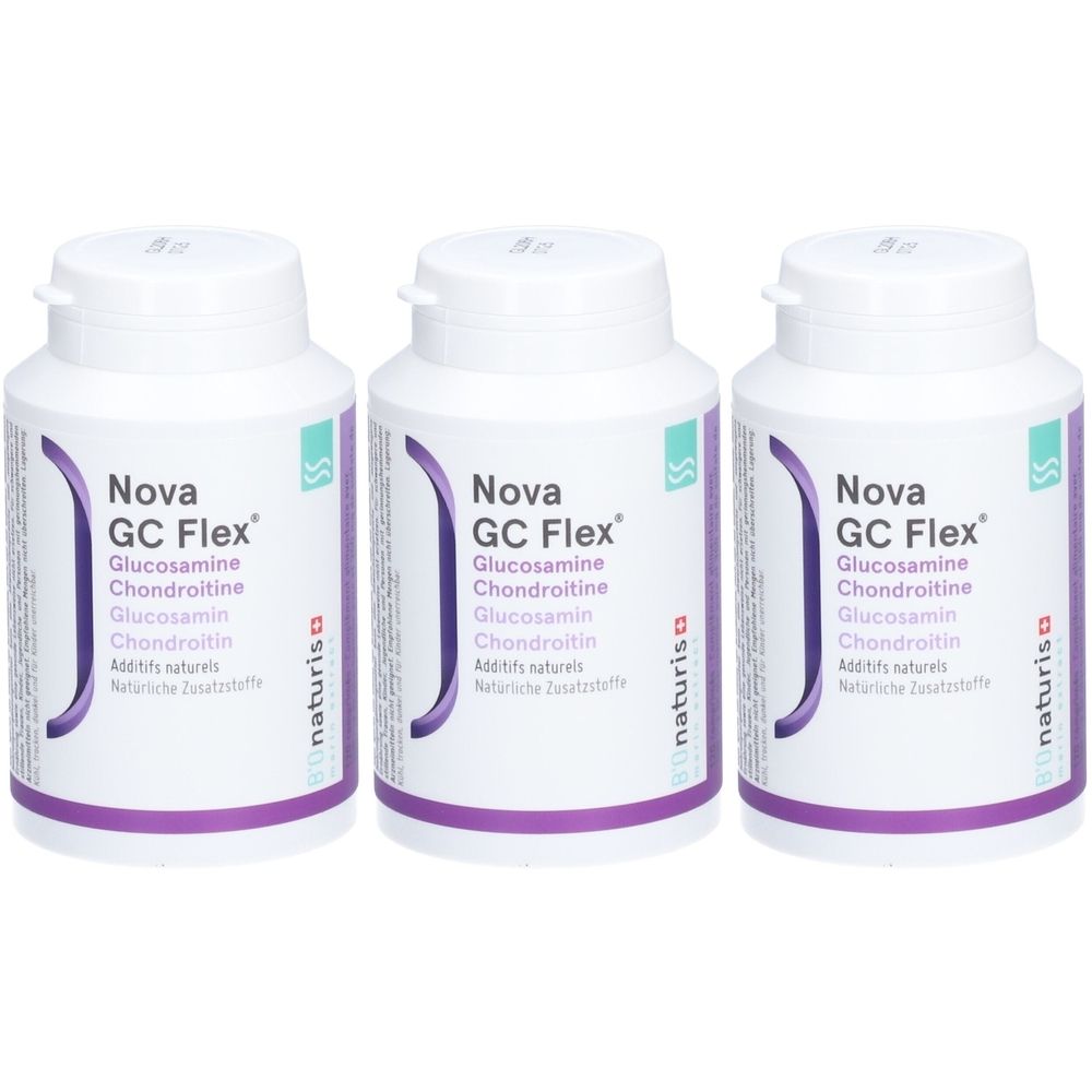Drei weiße Flaschen mit Deckel. Auf jeder Flasche steht "Nova GC Flex" und die Inhaltsstoffe Glucosamin und Chondroitin.