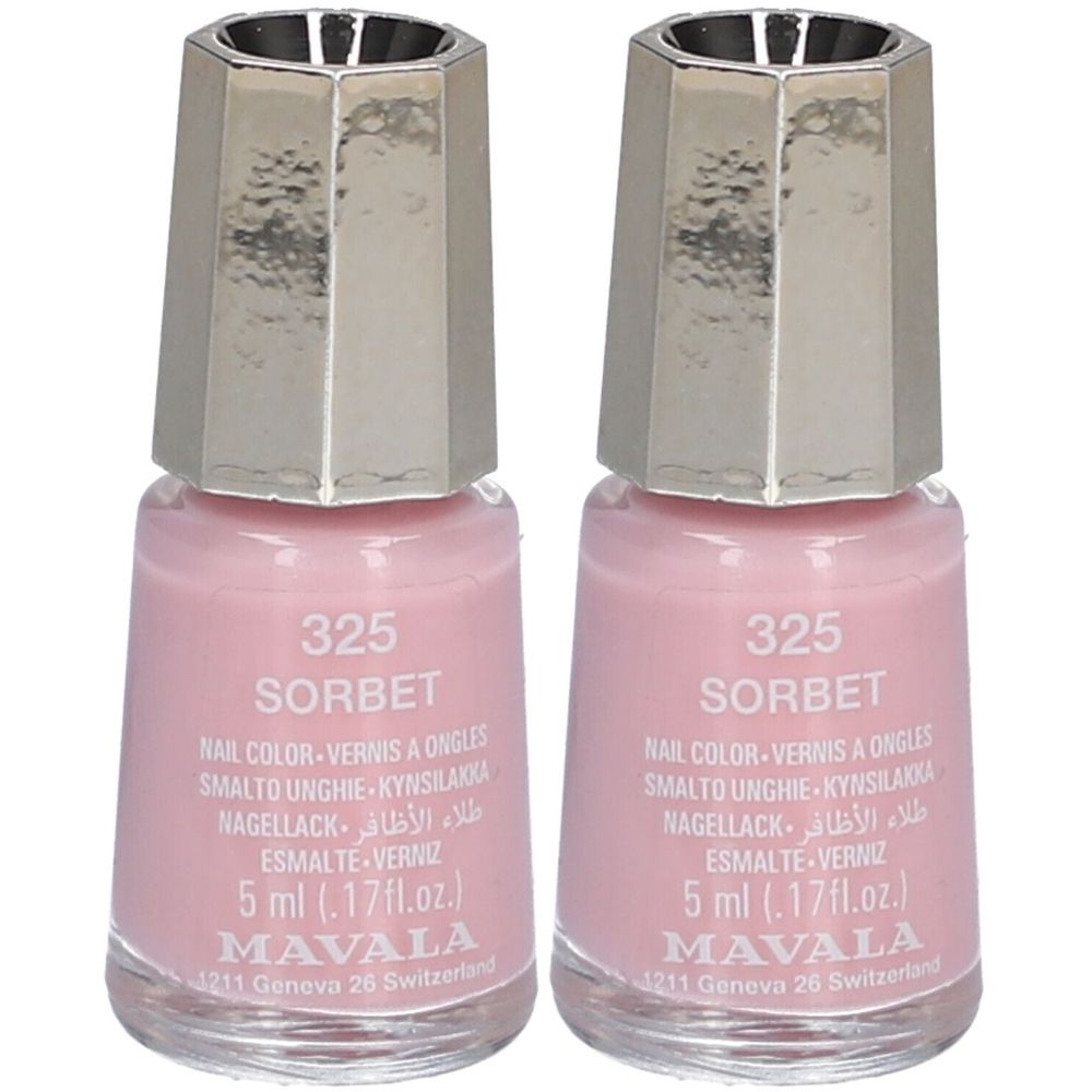 Zwei Flakons Nagellack, rosa. Aufschrift: 325 Sorbet, Mavala. Silberfarbene Kappe. Volumen: 5 ml.