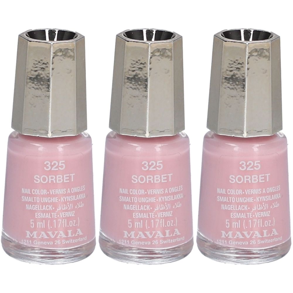 Drei Fläschchen Nagellack in Rosa. Jedes hat einen silberfarbenen Deckel und die Aufschrift "325 SORBET". Marke: MAVALA.