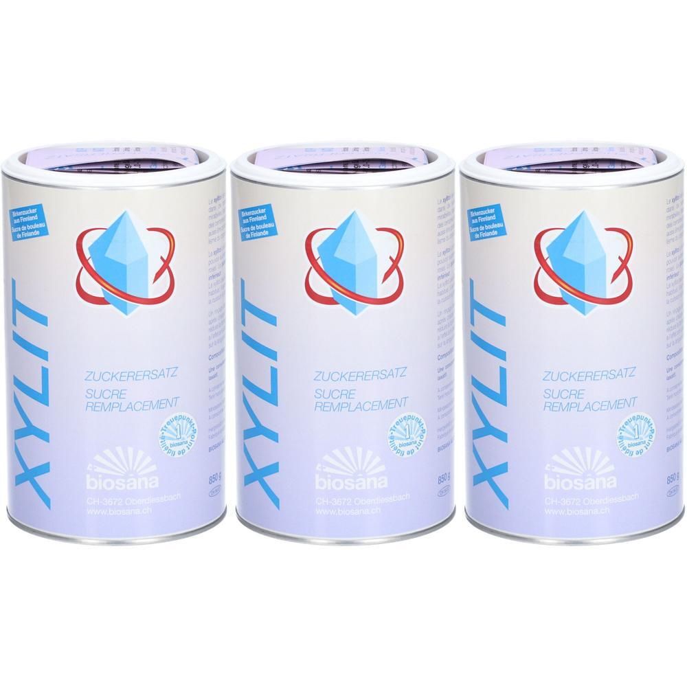 Trois boîtes de substitut de sucre Xylit de Biosana, avec logo cristal bleu et indications d'origine.