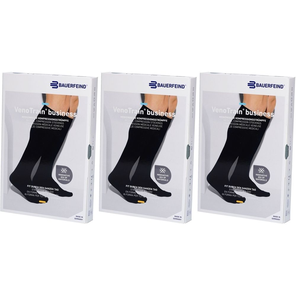 Drei Verpackungen medizinischer Kompressionsstrümpfe. Schwarze Strümpfe mit geschlossenem Fuß. Marke: BAUERFEIND VenoTrain business.
