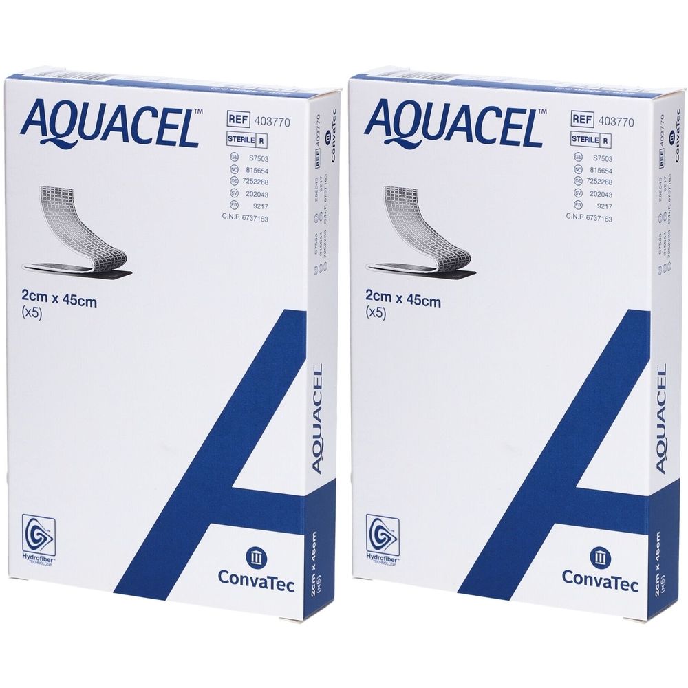 Zwei Kartons AQUACEL. Aufdruck: 2cm x 45cm (x5). Marke und Logo ConvaTec. Sterile Medizinprodukte.