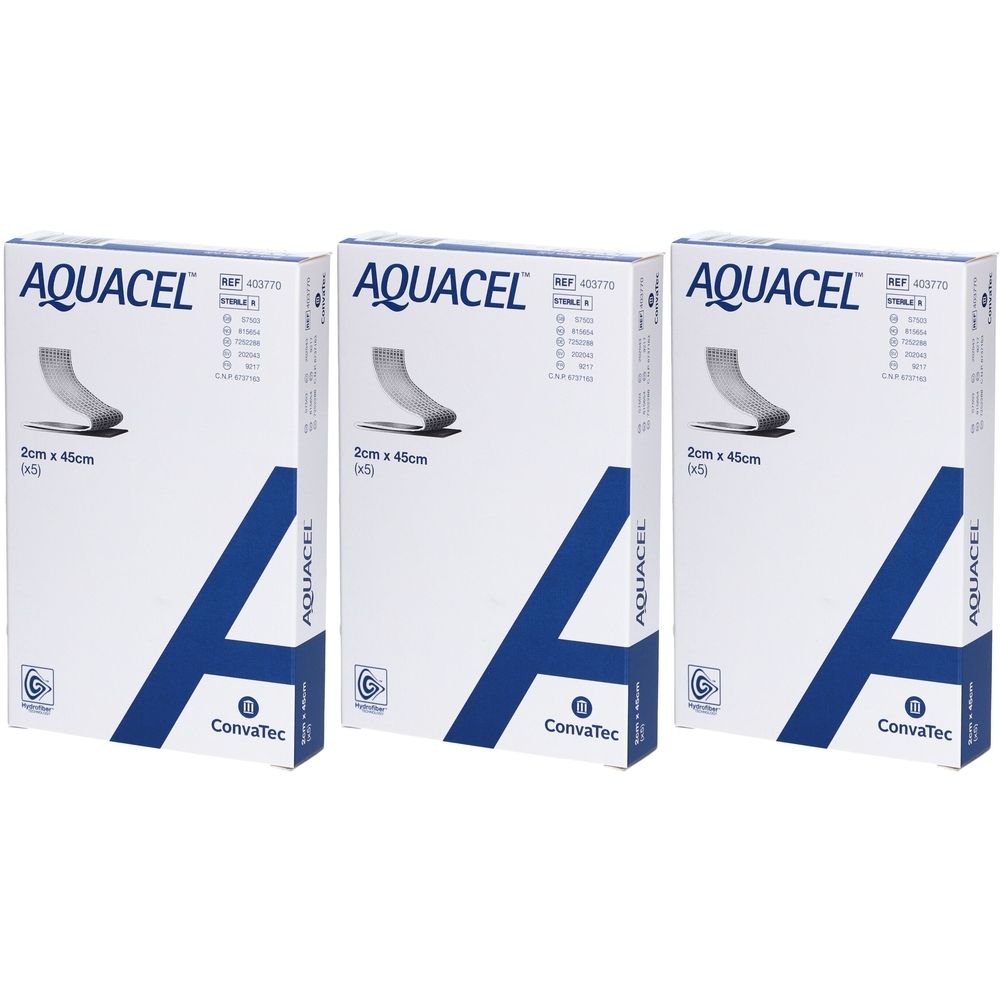 Drei Schachteln AQUACEL Hydrofiber Tamponaden. Jede Schachtel zeigt Produktabbildung, Größenangabe 2x45cm und die Anzahl 5 Stk.