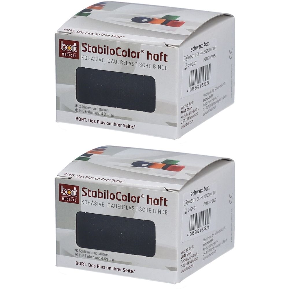 Deux boîtes de BORT StabiloColor haft. Bande noire, cohésive, élastique. Inscription : noir 4cm.