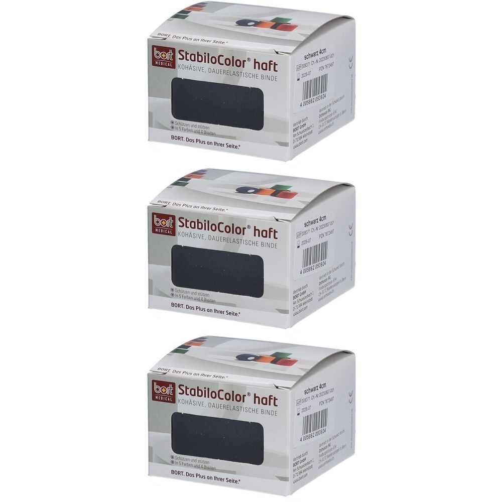 Trois boîtes de produit. Impression: StabiloColor haft, bandage auto-adhésif noir. Marque: BORT. Emballage avec fenêtre.