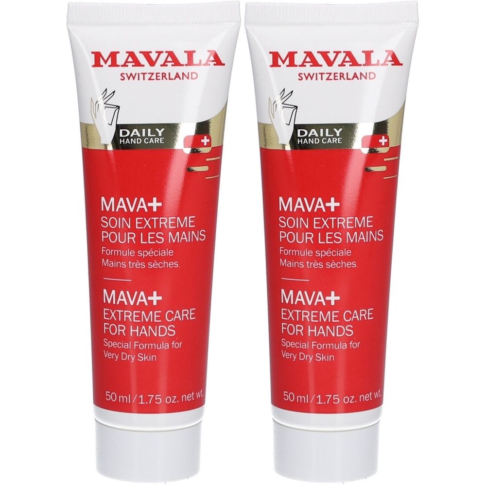Zwei Tuben Handcreme. Weißer Deckel, roter Körper mit weißer Schrift. Marke: MAVALA. Text: MAVA+ Extreme Care for Hands, 50 ml.