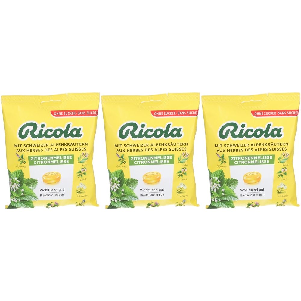 Drei gelbe Beutel mit Ricola-Bonbons. Aufdruck: Ricola, ZITRONENMELISSE, ohne Zucker. Abbildung von Kräutern und Bonbon.