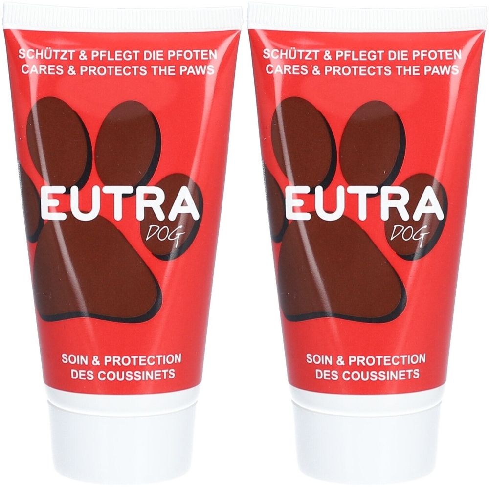 Zwei Tuben mit roter Aufmachung. Aufdruck: EUTRA DOG, Pfoten-Symbol, Text: Schützt & pflegt die Pfoten. Weiße Verschlusskappe.