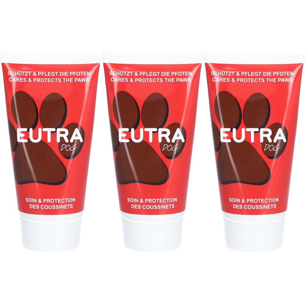 Trois tubes rouges avec empreintes de pattes brunes et le texte EUTRA DOG. Soin & protection des coussinets.