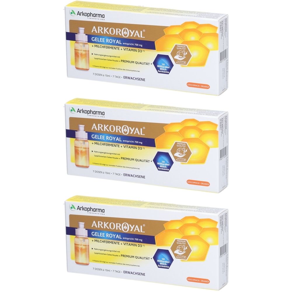 Trois boîtes ARKOROYAL. Sur chaque boîte : Gelée Royale, ferments lactiques, vitamine D3. Ruches jaunes et image de flacon.