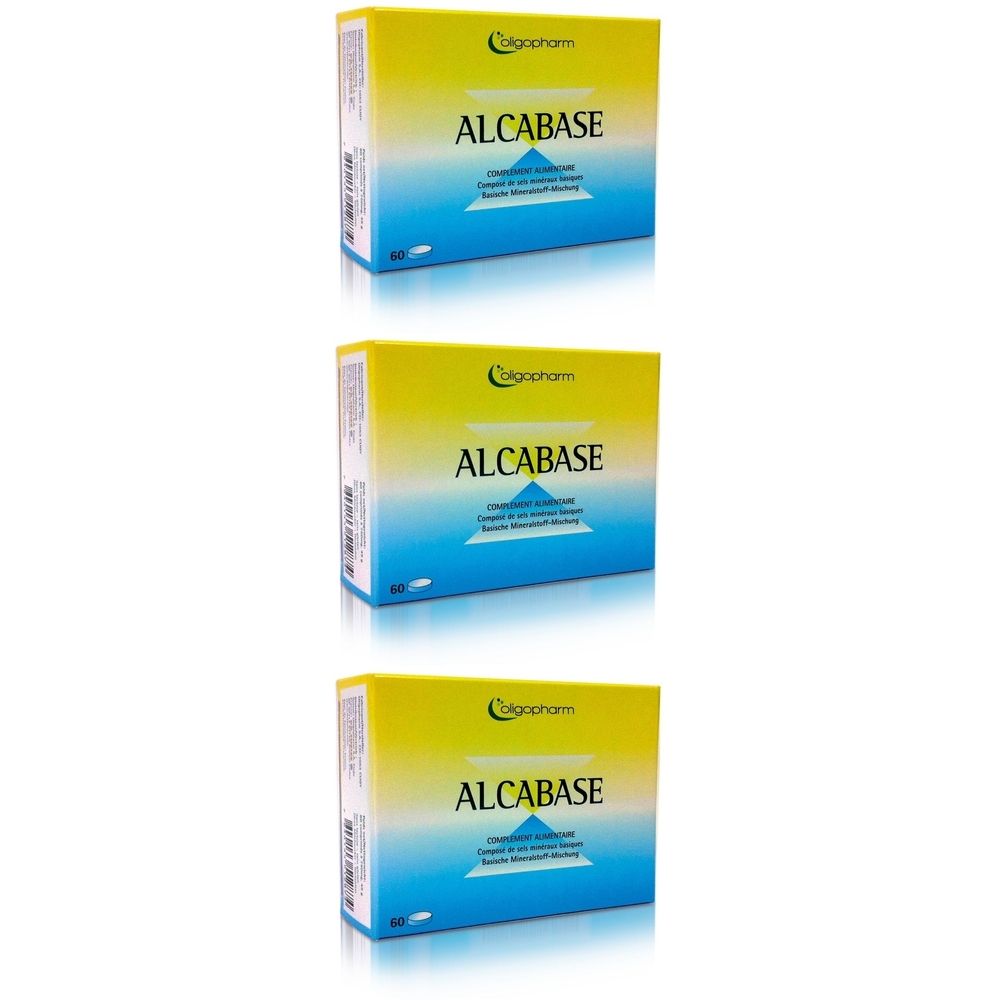 Drei Schachteln ALCABASE. Gelb-blaue Verpackung mit Schriftzug ALCABASE und Logo. 60 Tabletten.