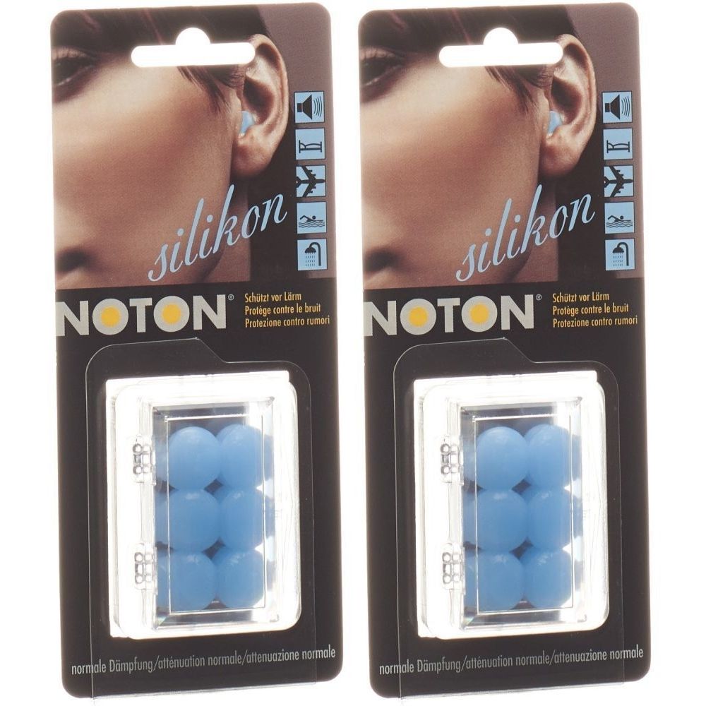 Zwei Packungen mit blauen Ohrstöpseln. Die Verpackung zeigt ein Ohr und den Schriftzug "silikon". Der Markenname ist "NOTON".