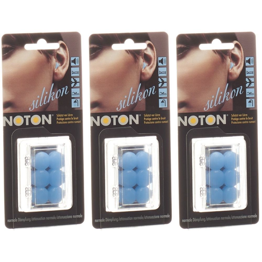 Drei Packungen NOTON EAR Silikon. Jede Packung enthält blaue Ohrstöpsel in einer transparenten Kunststoffbox. Auf der Verpackung ist ein Ohr abgebildet.