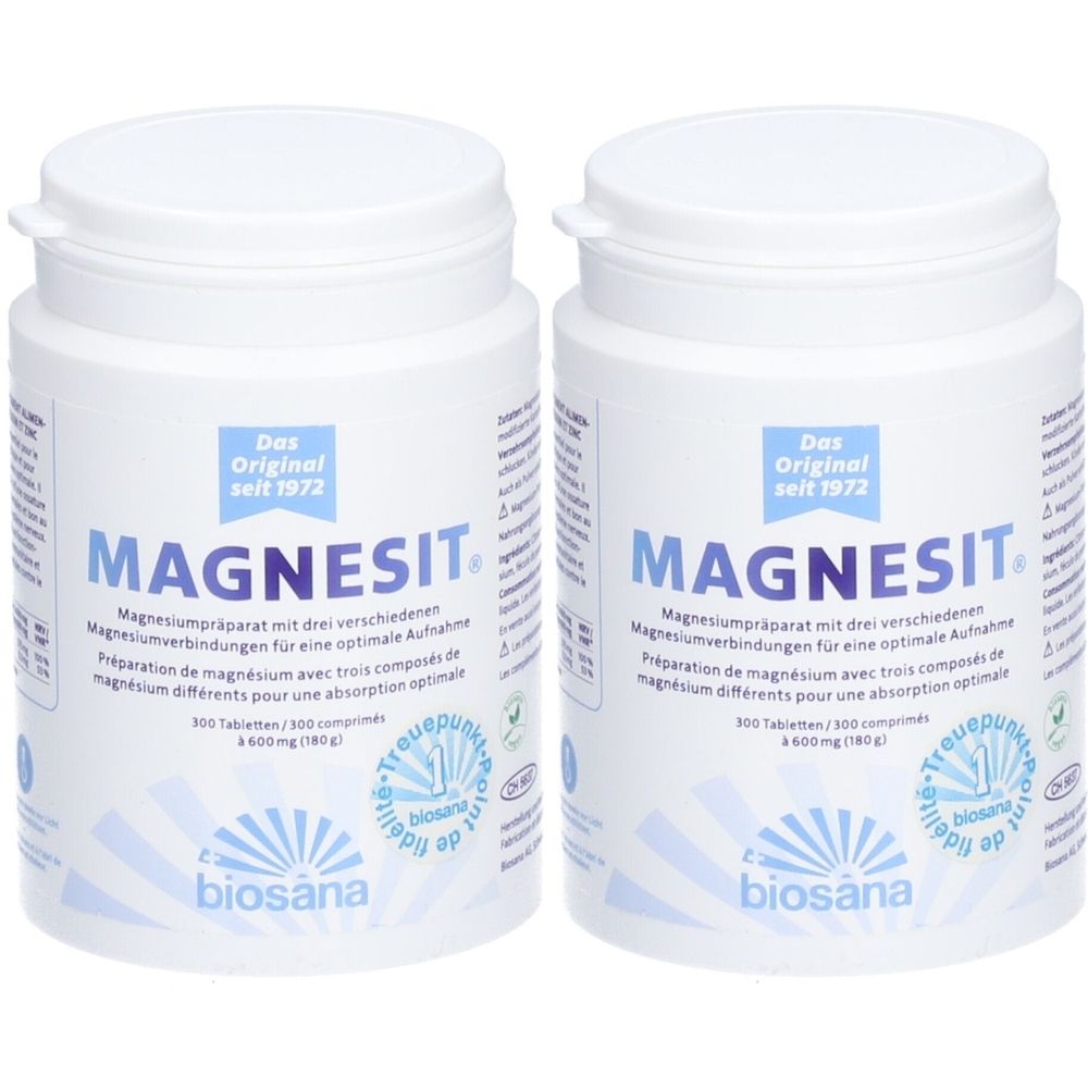 Zwei weiße Dosen mit MAGNESIT-Aufschrift. Text: Magnesiumpräparat, 300 Tabletten. Biosana-Logo und Qualitätssiegel.