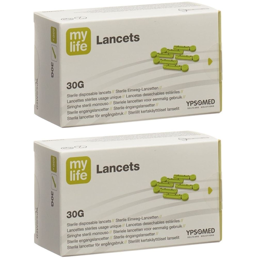 Deux boîtes de « my life Lancets ». Inscription « 30G ». Illustration de lancettes vertes. Logo YPSOMED.