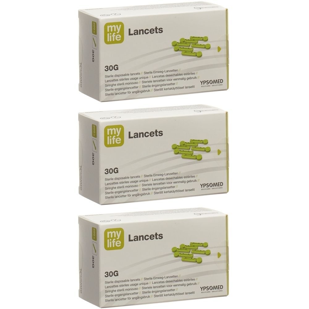 Trois boîtes de « my life Lancets ». Inscription « 30G ». Illustration vert-jaune de lancettes. Logo YPSOMED.