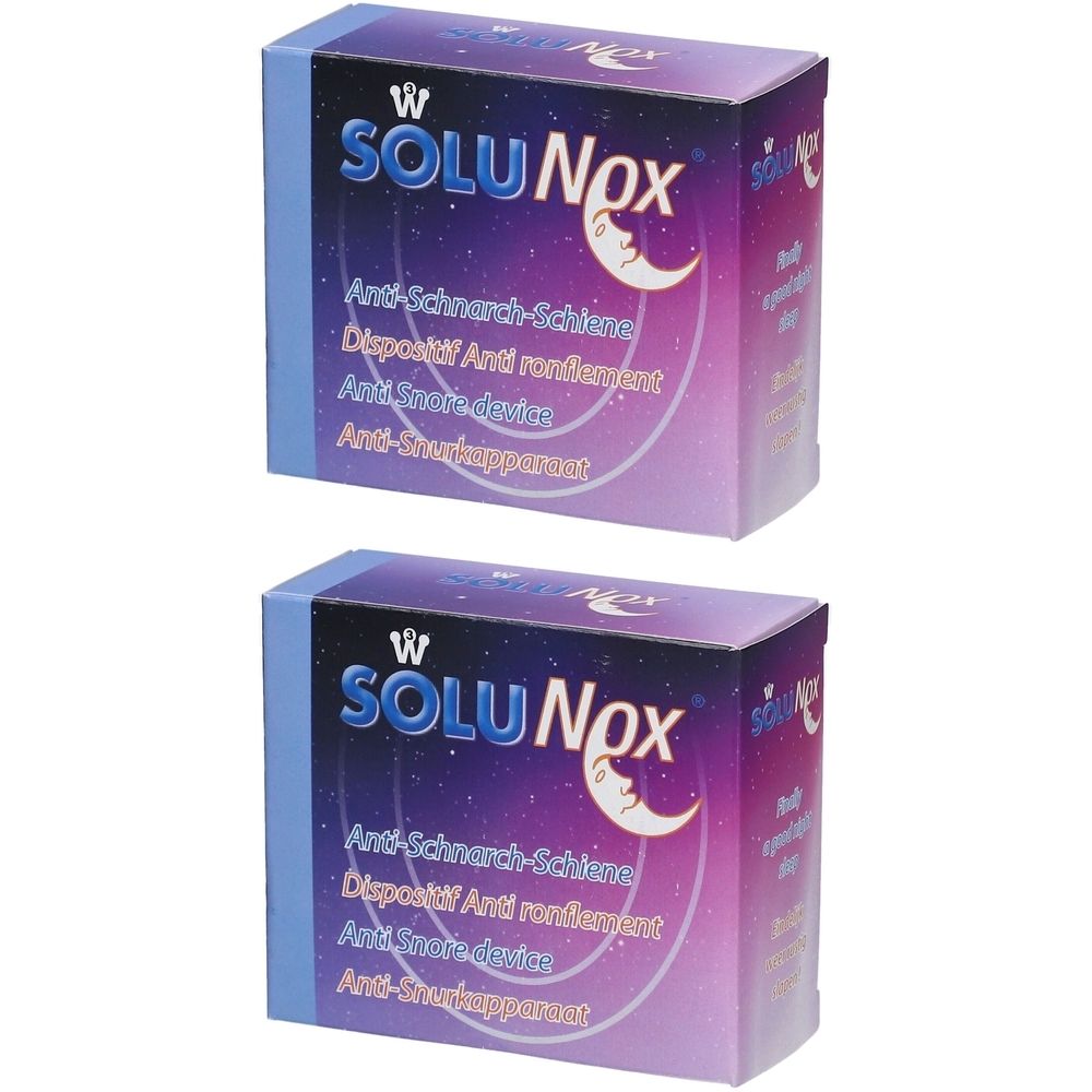 Deux boîtes de SOLU Nox Anti-ronflement. Inscription: Anti-ronflement, Anti Snore device. Emballage avec motif de lune.