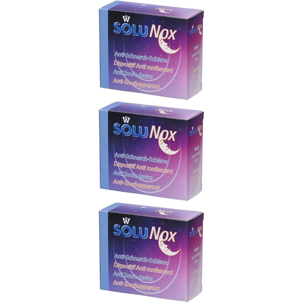 Trois boîtes SOLUNOX. Emballage bleu et violet avec nom du produit et symbole de lune. Texte : Anti-Schnarch-Schiene.