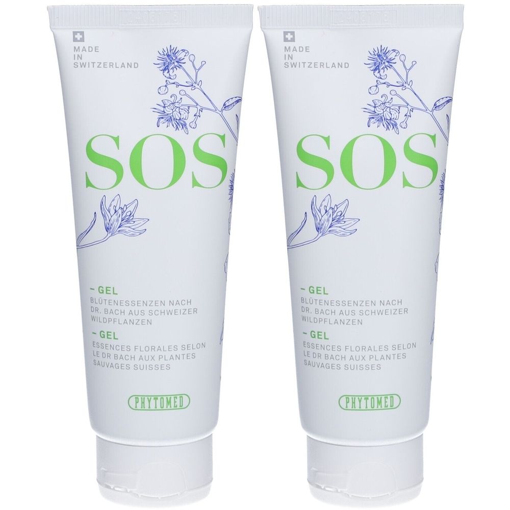 Deux tubes blancs avec l'inscription verte SOS et des illustrations florales. Texte: Gel, Fleurs de Bach, Phytomed, Made in Switzerland.