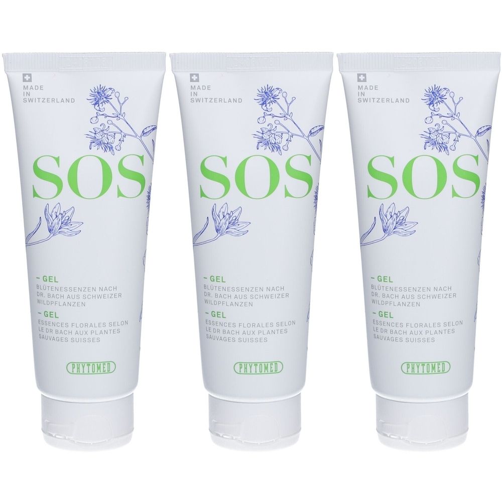 Trois tubes de gel SOS. Tubes blancs avec lettrage vert "SOS" et illustrations florales. "Made in Switzerland" et "Phytomed" visibles.