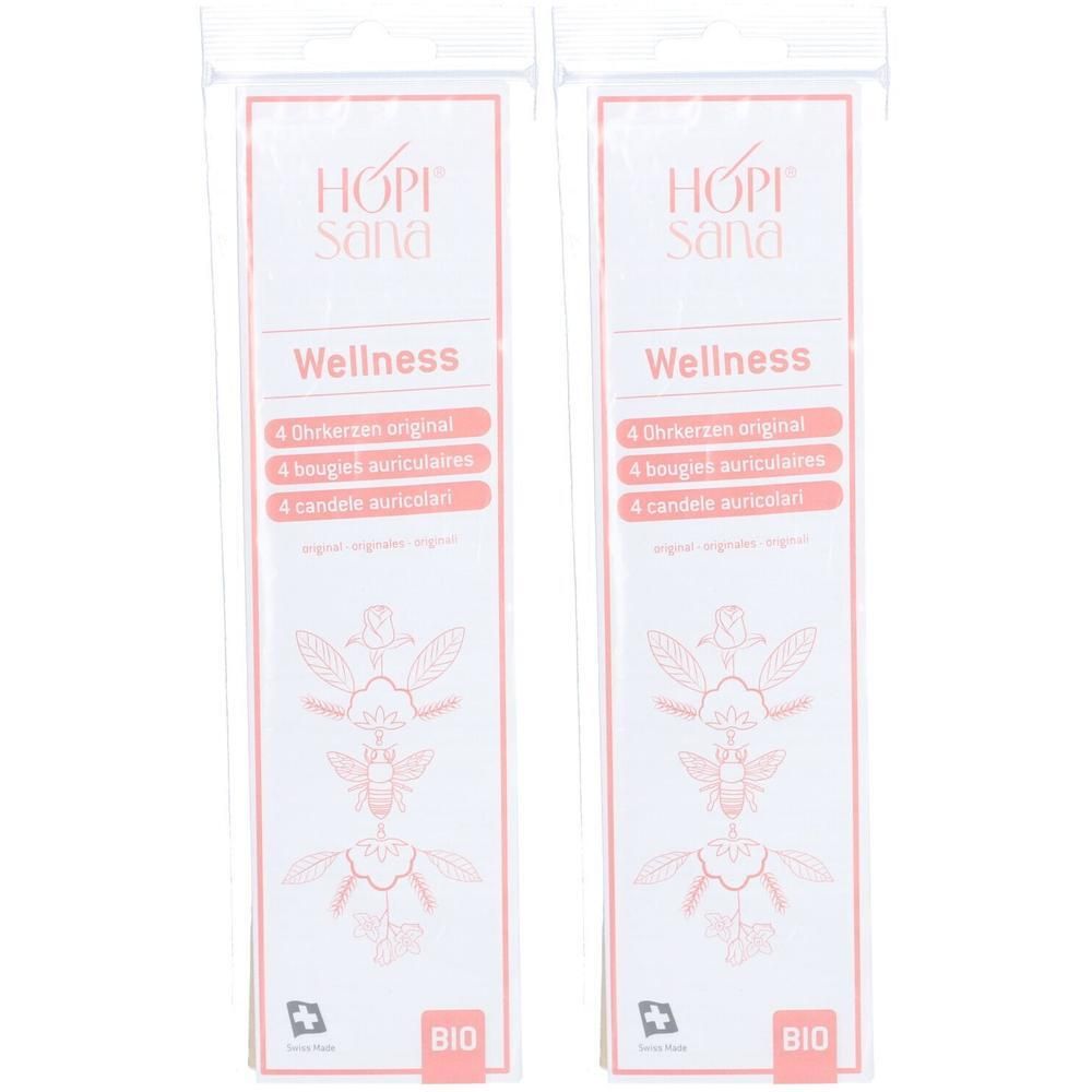 Deux emballages HOPI Sana Wellness. Chaque emballage contient 4 bougies auriculaires. Label BIO en bas.