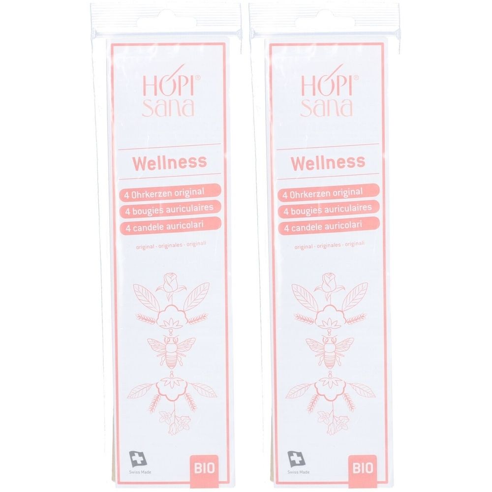 Zwei HOPI Sana Wellness-Verpackungen. Jede enthält 4 Ohrkerzen. BIO-Zertifizierung. Rosa und weiße Verpackung mit floralen Illustrationen.