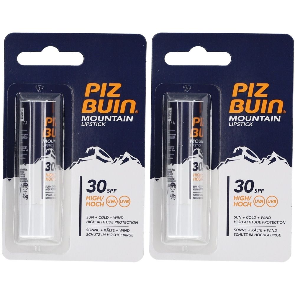 Zwei Lippenpflegestifte in Blisterverpackung. Aufdruck: PIZ BUIN Mountain Lipstick, 30 SPF, UVA/UVB-Schutz.