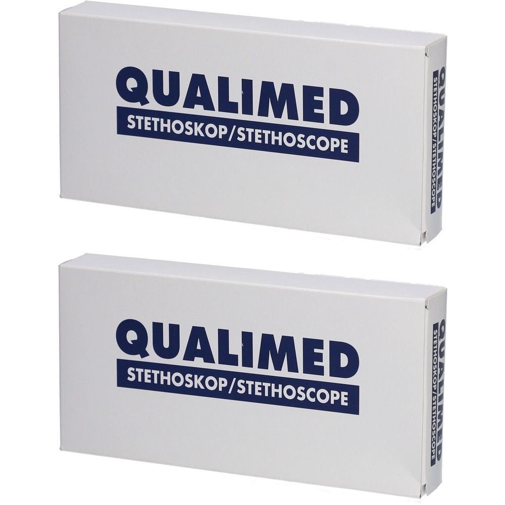 Zwei weiße Kartons mit blauem QUALIMED-Logo und STETHOSKOP/STETHOSCOPE-Schriftzug. Auf der Seite steht ebenfalls QUALIMED.