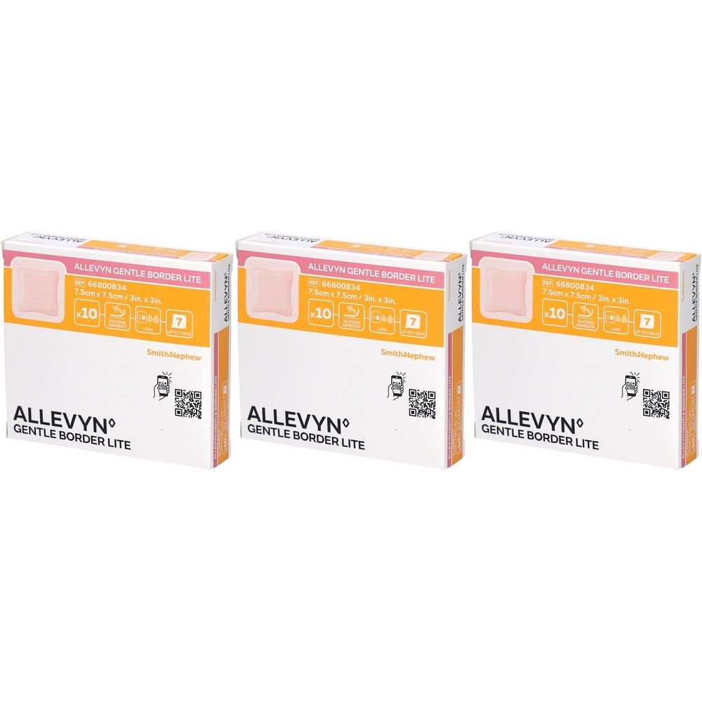 Trois boîtes de Allevyn Gentle Border Lite. Chaque boîte montre un pansement. Inscription : 7,5 x 7,5 cm.