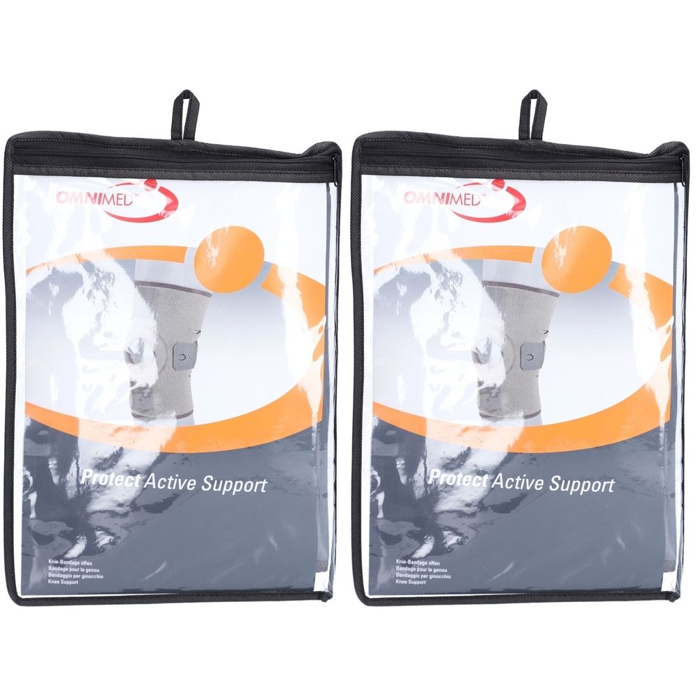 Deux genouillères Omnimed Protect dans des sacs transparents. Fermeture éclair noire, accents orange, nom et logo du produit visibles.