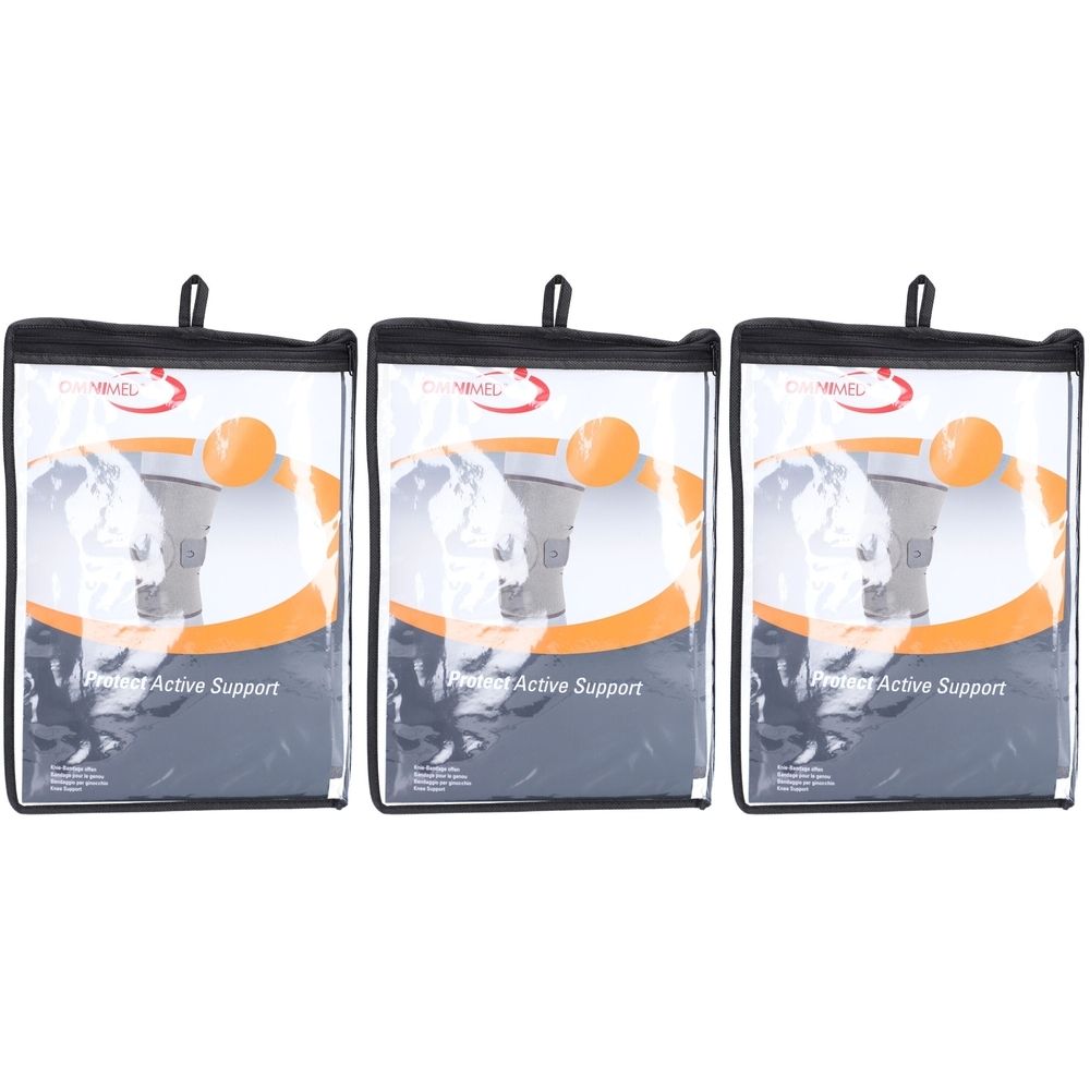 Trois genouillères Omnimed dans des sacs transparents. Bordure noire, boucle de transport. Impression : logo, illustration du produit, Protect Active Support.