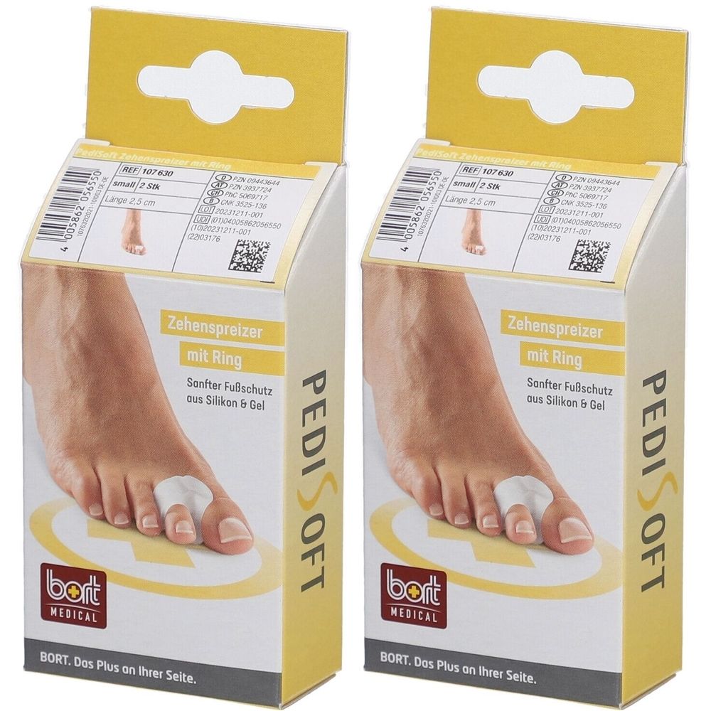 Zwei Produktverpackungen. Aufdruck: Zehenspreizer mit Ring, sanfter Fußschutz aus Silikon & Gel. Marke: PEDISOFT, bort MEDICAL.