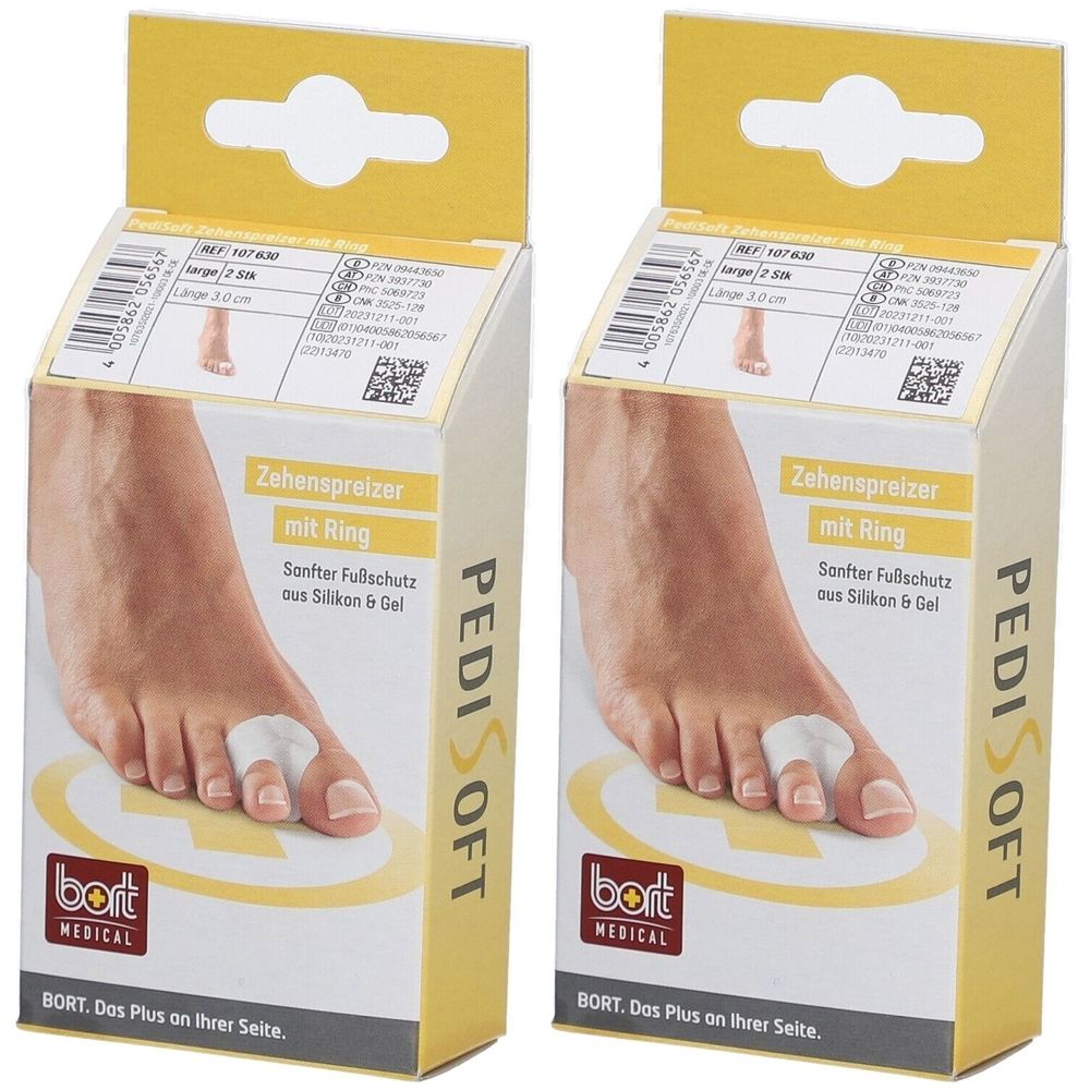 Deux boîtes de produit. Inscription : Zehenspreizer mit Ring, PediSoft, Bort Medical. Produit illustré sur un pied.