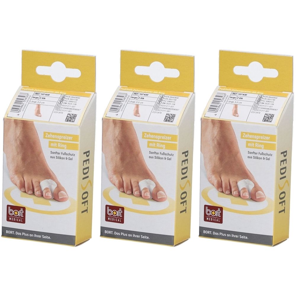 Trois emballages de séparateurs d'orteils. Chaque emballage montre un pied avec un séparateur d'orteils. Inscription : PediSoft, bort medical.