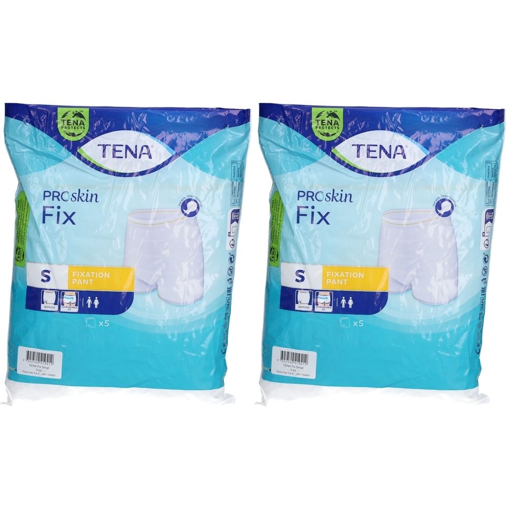 Zwei Packungen TENA ProSkin Fix Fixierhosen S. Blaue Verpackung mit Produktabbildung und Logo. Größe S.