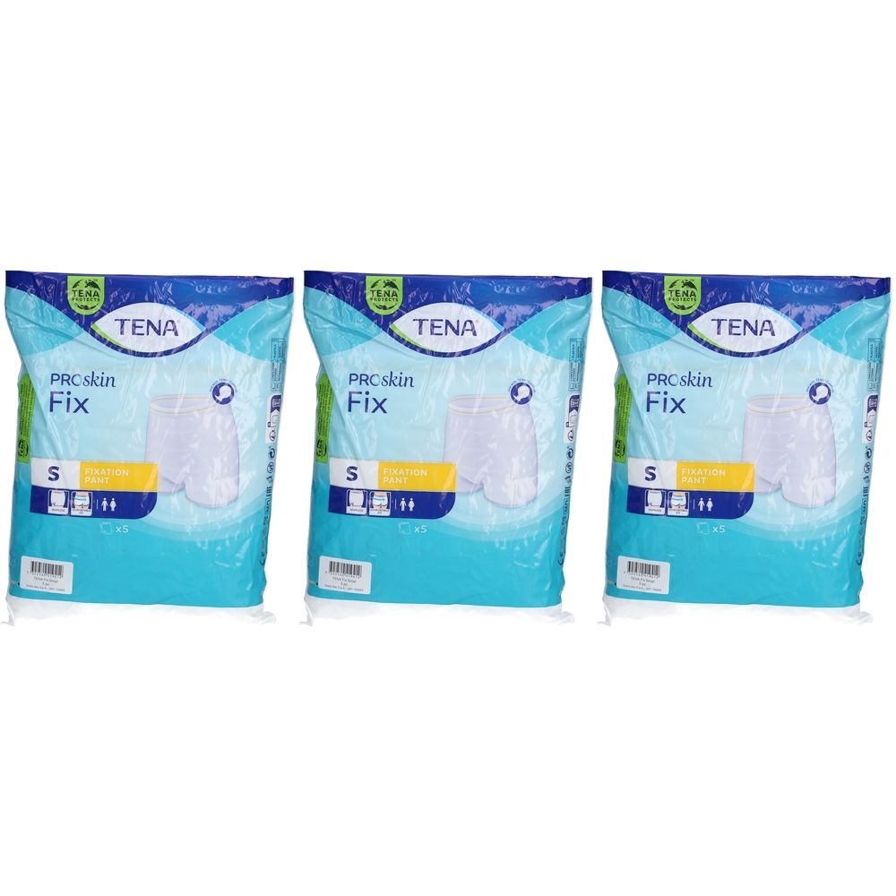 Drei Packungen TENA Fix Fixierhosen S. Blaue Verpackung mit Produktabbildung und Schriftzug. Größe S.
