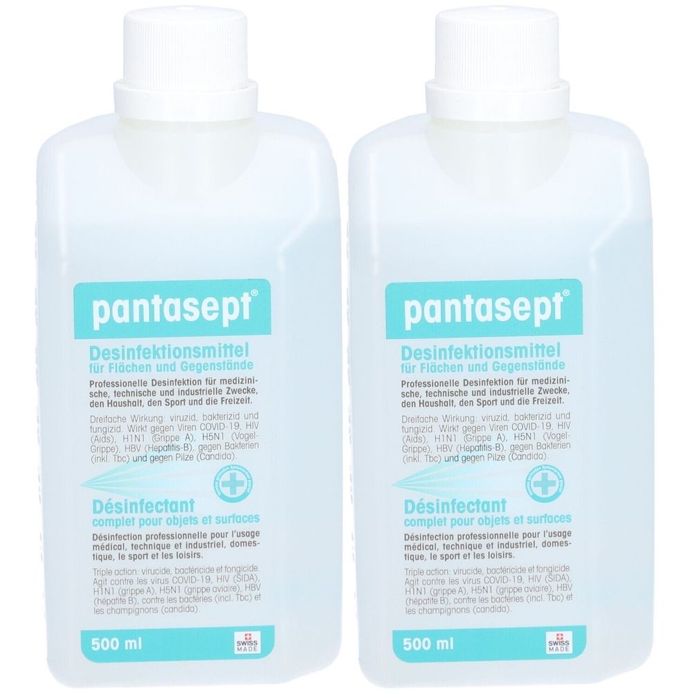 Zwei Flaschen mit weißem Deckel. Aufschrift: pantasept Desinfektionsmittel. 500 ml. Text in Deutsch und Französisch. Schweizer Kreuz.