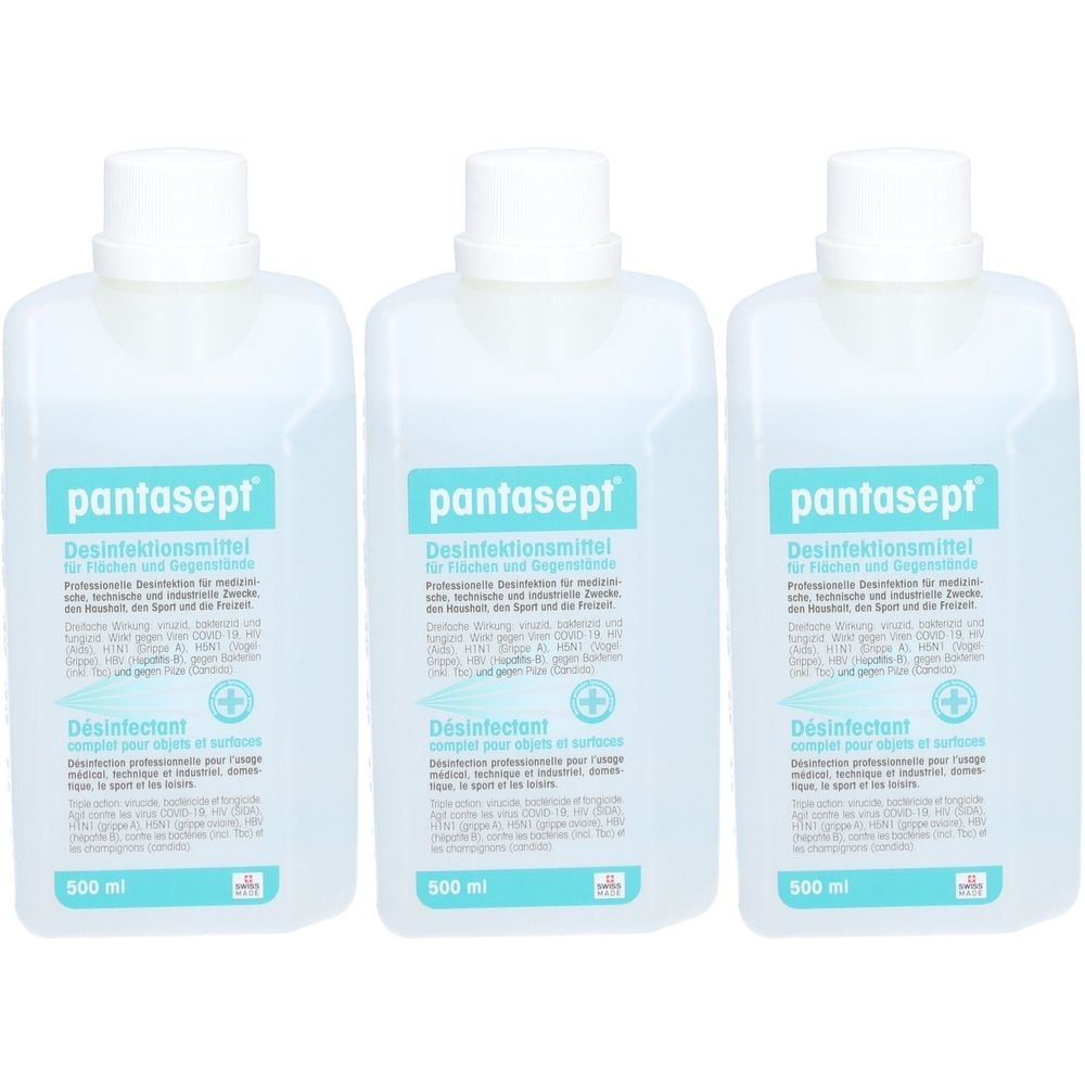 Drei Flaschen Desinfektionsmittel. Aufschrift: pantasept. Etikett mit Produktinformationen und Volumenangabe: 500 ml.