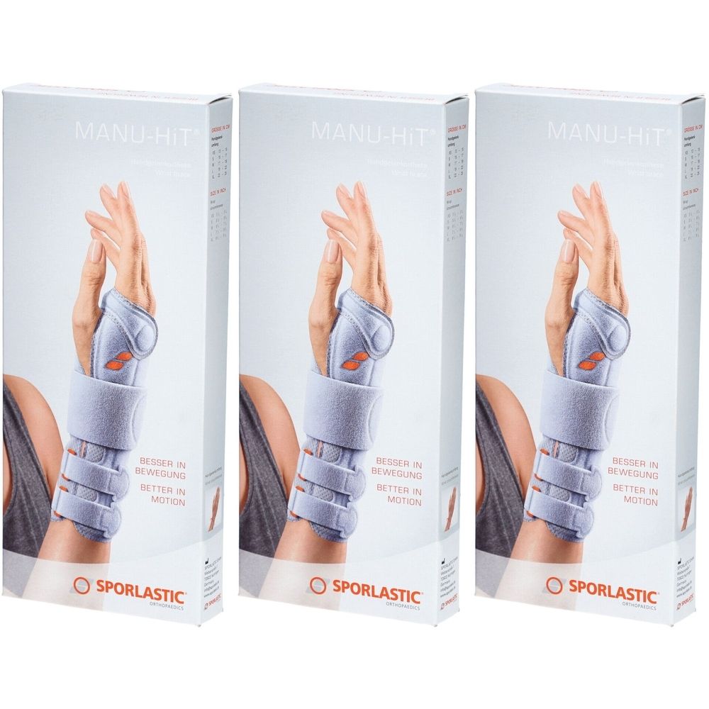 Drei SPORLASTIC Manu Hit L-Verpackungen. Auf jeder Verpackung ist eine Hand mit Handgelenkbandage abgebildet. Der Schriftzug MANU-HIT ist sichtbar.