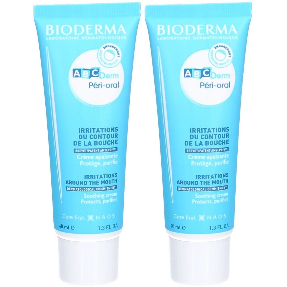 Zwei Tuben Bioderma ABC Derm Peri-Oral Creme. Hellblaue Tuben mit weißem Verschluss. Beschriftung in Französisch und Englisch.
