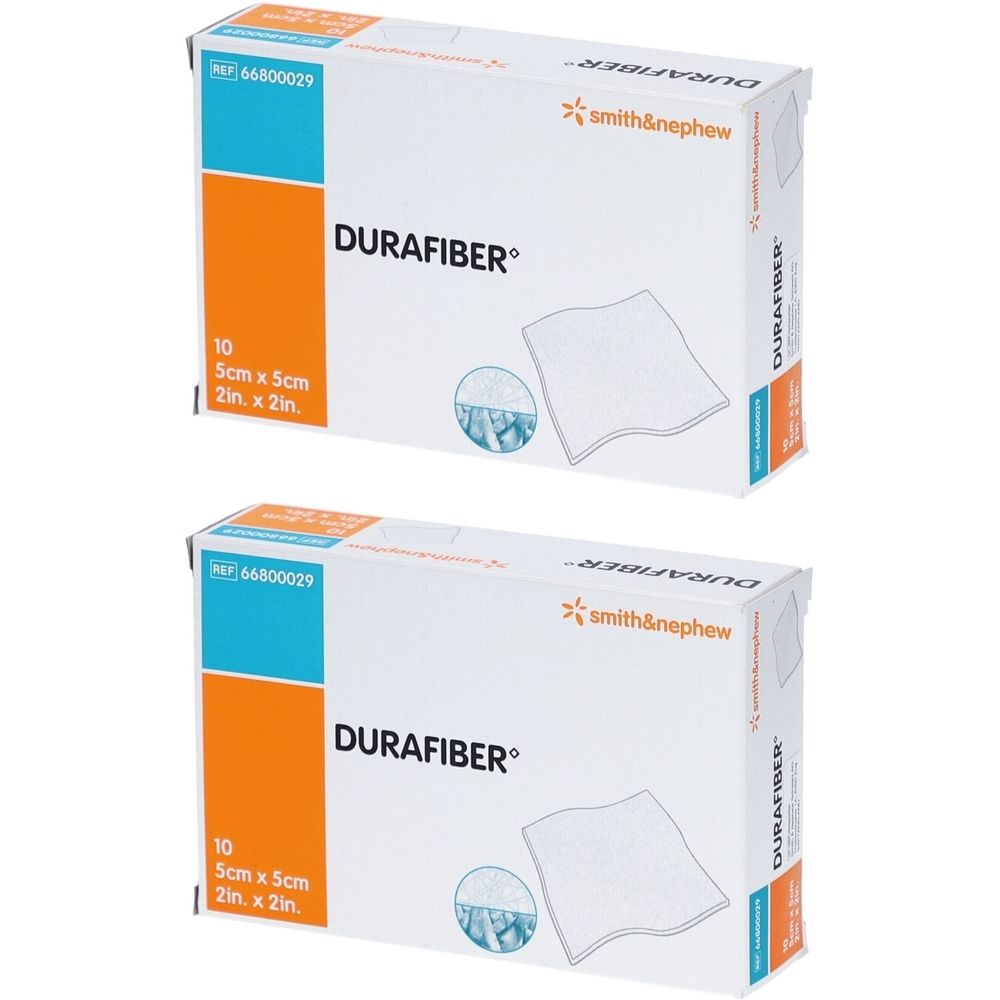 Zwei Kartons Durafiber-Verband. Aufschrift: 10 Stück, 5 cm x 5 cm. Marke: Smith & Nephew.