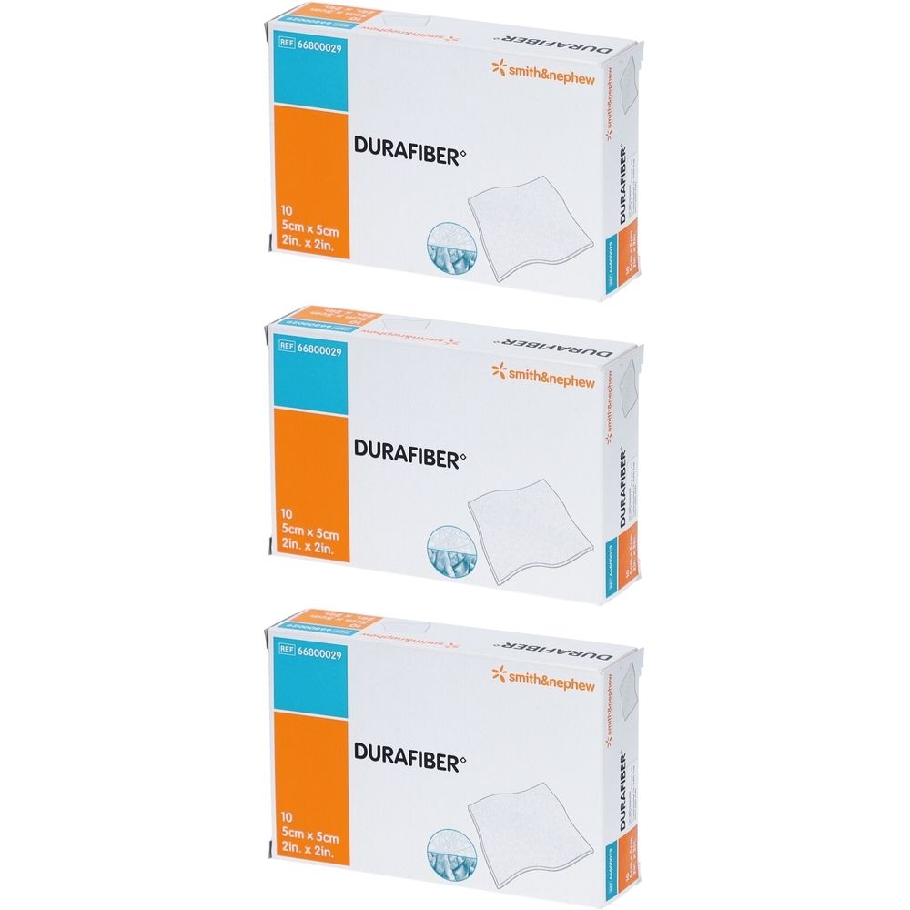 Drei Packungen Durafiber-Verband. Jede Packung zeigt das Produkt, die Größe 5x5cm und die Marke Smith & Nephew.