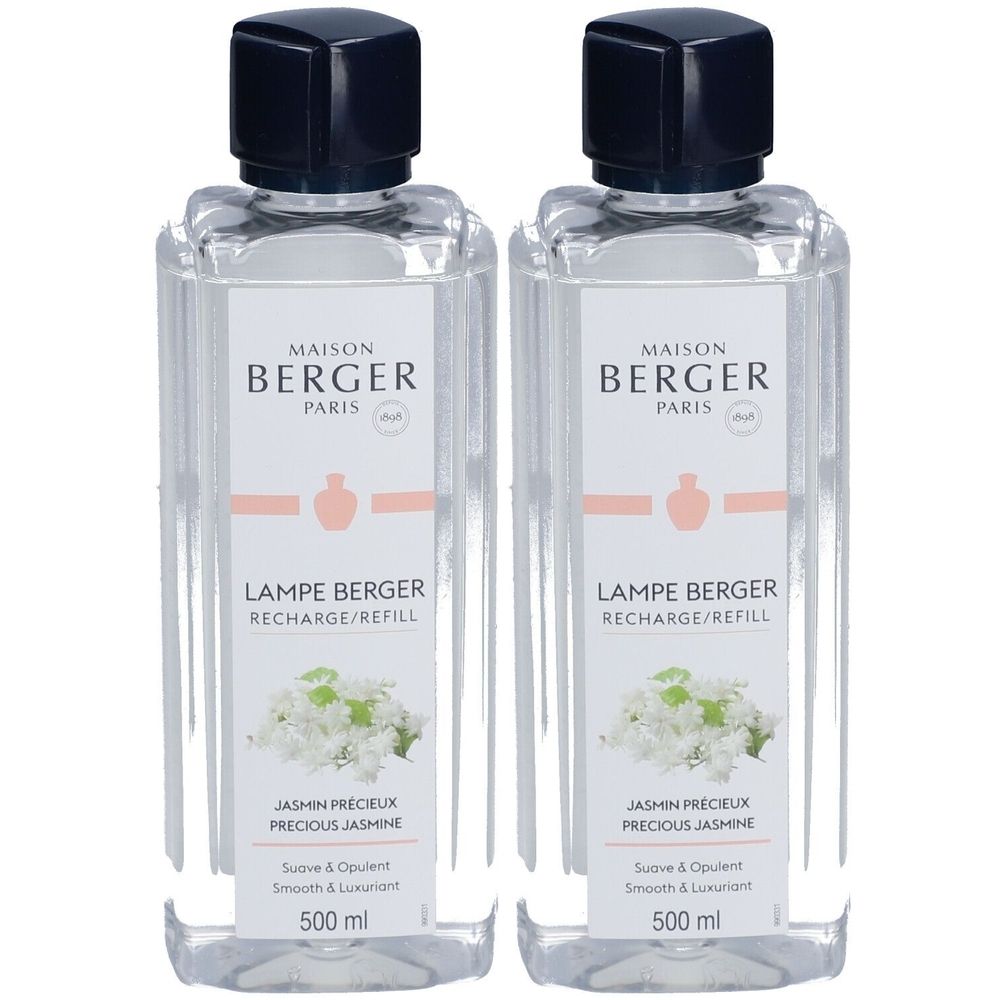Zwei Flakons mit schwarzem Deckel. Auf dem Etikett steht: Maison Berger Paris, Lampe Berger, Jasmin Précieux, 500 ml.